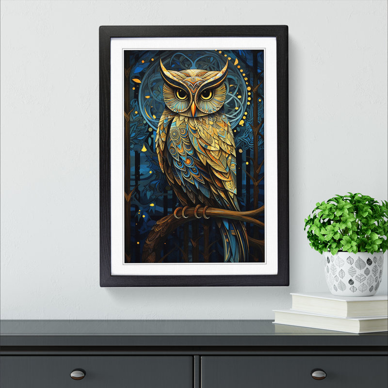 Owl Art Deco - Single Picture Frame Print on Wood, 46cm H x 34cm W x 2cm D, Black Framed