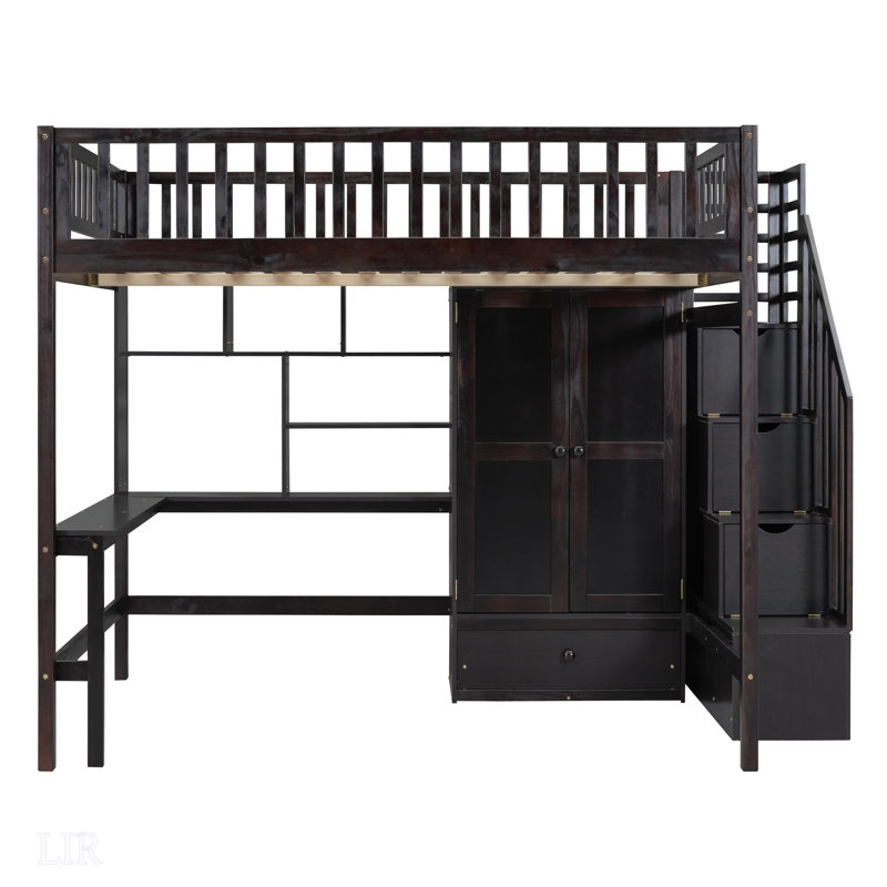 Lit mezzanine double avec bibliothèque, tiroirs et bureau pour des espaces de vie multifonctionnels, Espresso
