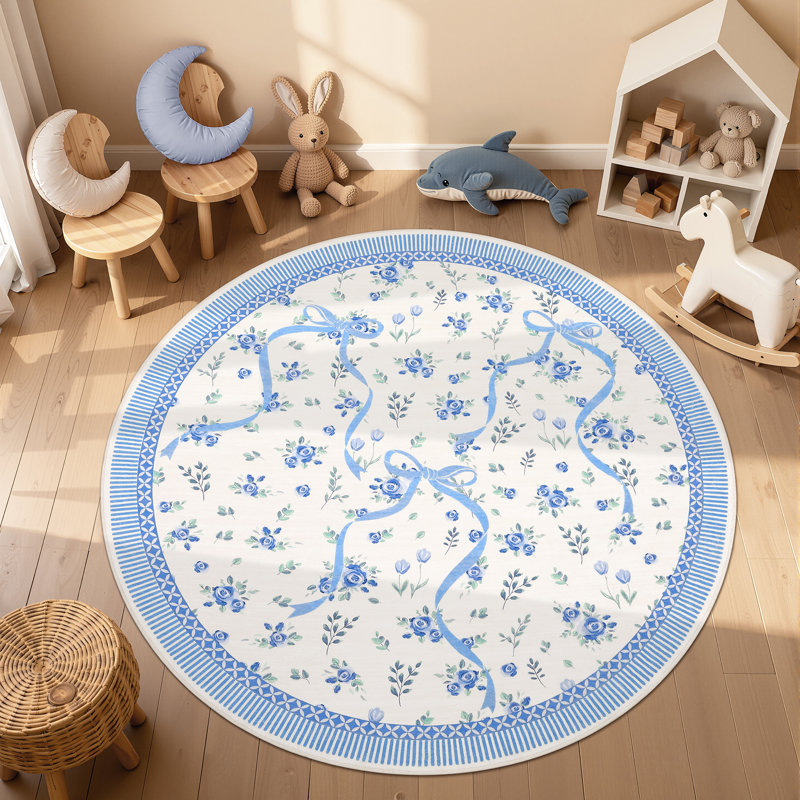 Washable Area Rug Bow Décor, Blue, Round 4'