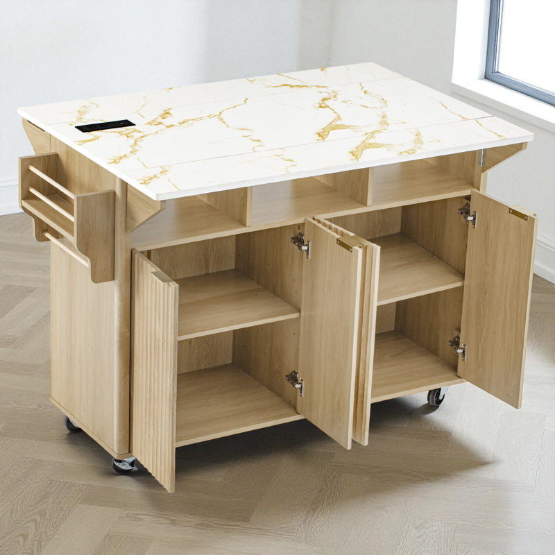 Îlot de cuisine de 55,5 po de large avec abattant, H 35,8 po x l 55,5 po x P 32,7 po, Naturel / faux marbre