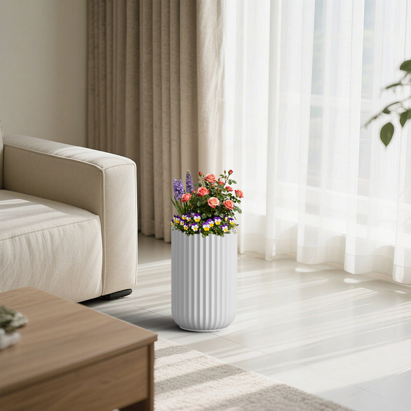 11 in. Small Pearl White(Upgraded Interior) Concrete Tall Round Planter / Pot Ribbed Design Plant Pot with Drainage Hole
