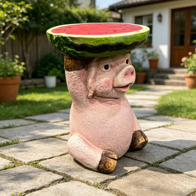 Cochon en résine large avec une pastèque sur le dessus, décor de jardin