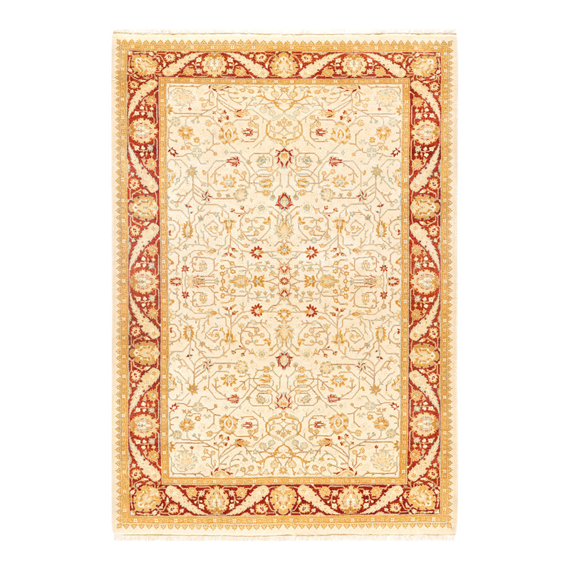 Tapis rouge / ivoire noué à la main de conception unique 4 pi 3 po x 6 pi 2 po Urmi Mogul