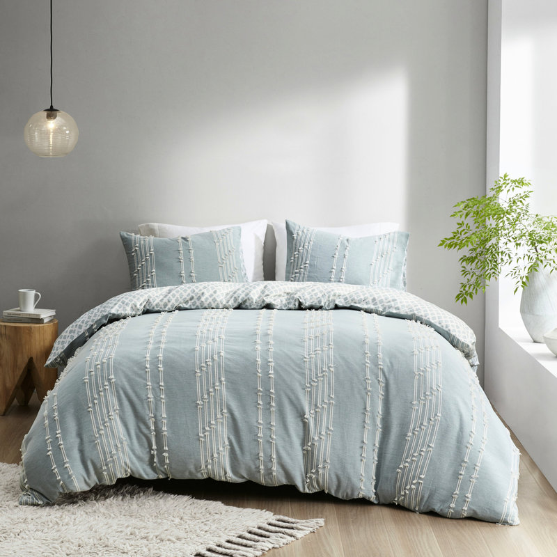 Housse de couette en coton double / grand, motif au sol et brodé avec couette double / grand réversible, fermeture à boutons avec couvre-oreillers assortis