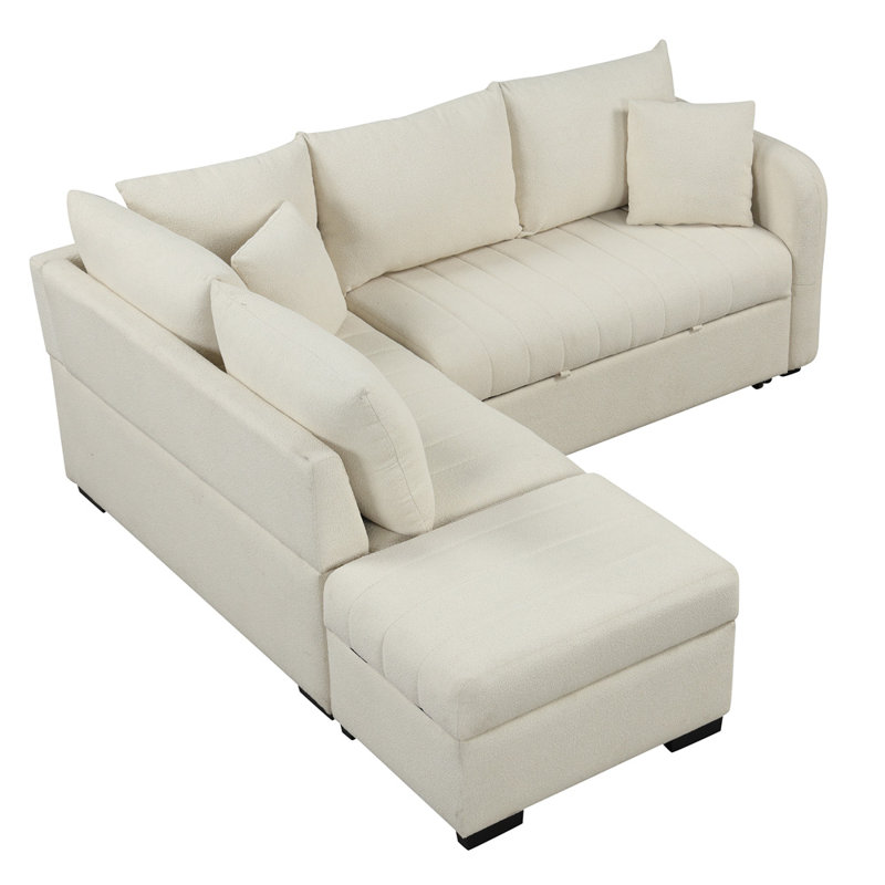 Upholstered L-Shaped Sectional Reversible, Beige Polyester Blend