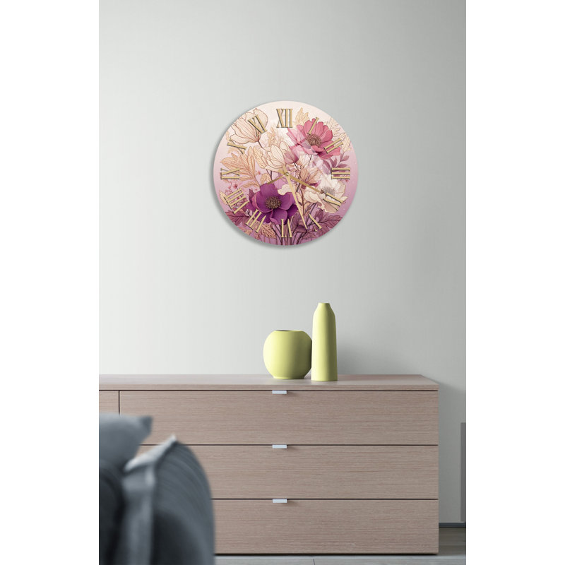 Horloge murale rétro en verre trempé rose et mauve, Doré