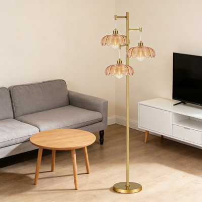 Modern Dimmable Floor Lamp With Three Glass Shades - Mid Century Tree Design Standing Lamp For Living Room, Bedroom, And Corner Lighting