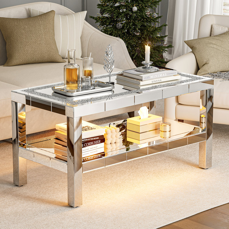 Mirrored 2 Tiers Coffee Table With Led, Rectangle Mirrored Coffee Table With Crushed Diamond And Stainless Steel Legs, Coffee Table For Living Room