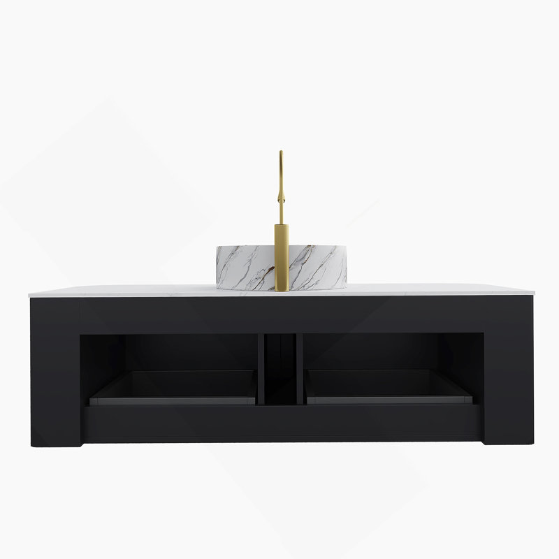 Meuble-lavabo mural 48 po avec lavabo en céramique blanc, motif de pierre et 2 tiroirs, pré-assemblé en noir, Noir, 48"