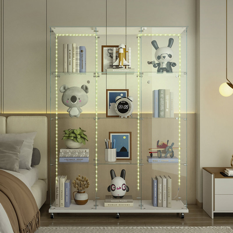 Tempered Glass Display Cabinet, Tempered Glass Top Storage Cabinet, Wine Cabinet With Bluetooth Led Light Strip, Walnut