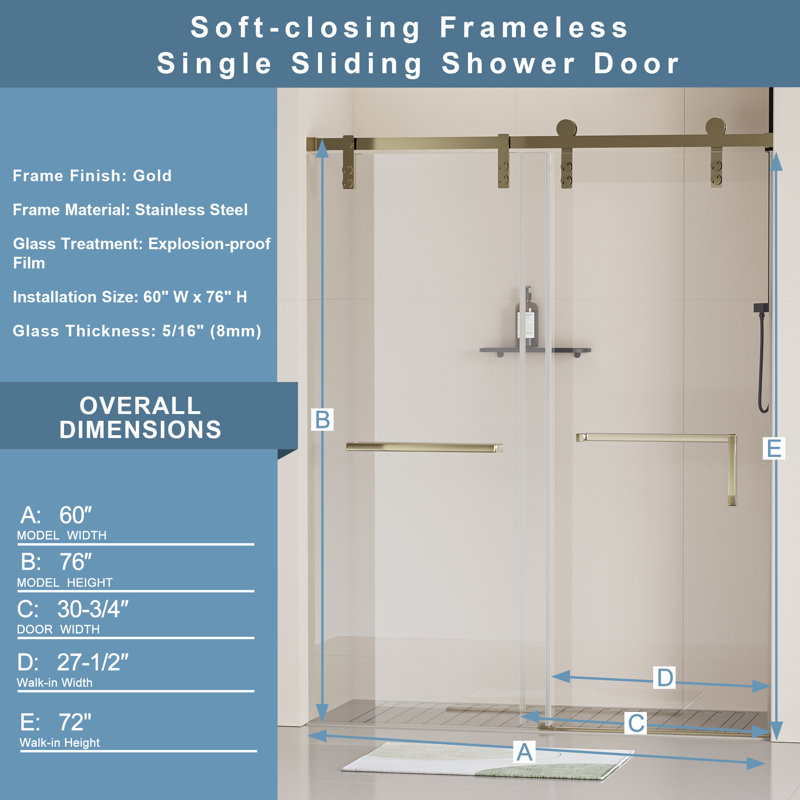 60" W X 76" H Frameless Soft-Closing Shower Door, Single Sliding 5/16" (8Mm) Clear Tempered Glass Shower Door With Explosion-Proof Film, Stainless Steel Hardware