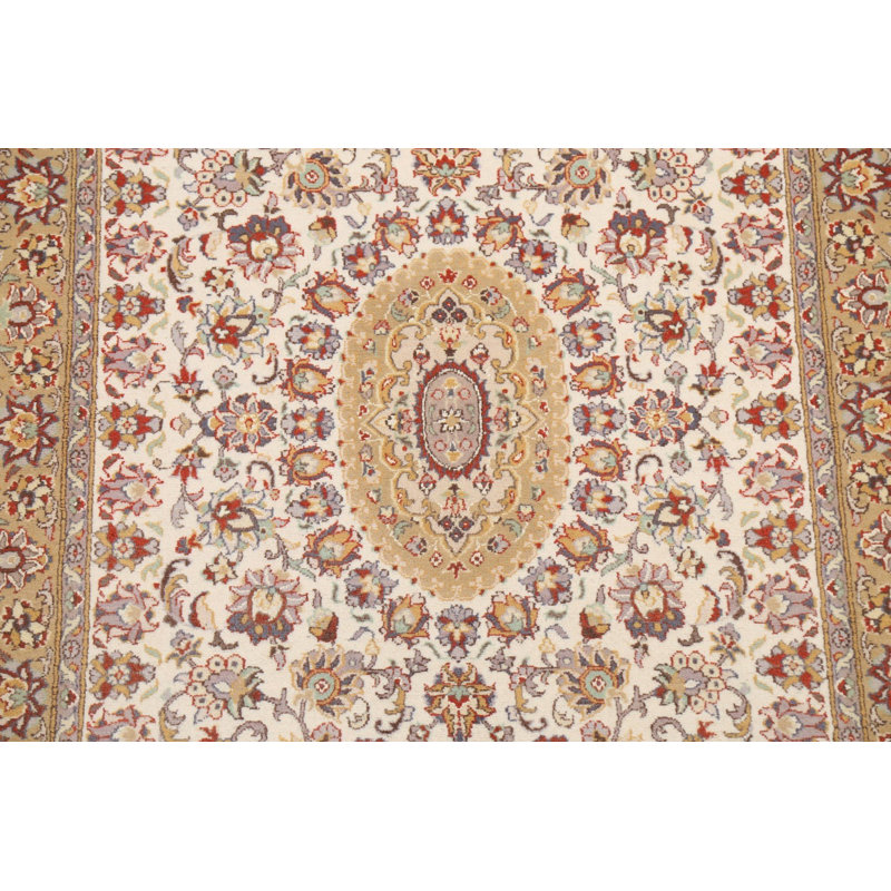 Tapis ivoire en laine et en soie noué à la main de conception unique 4 pi 1 po x 6 pi 2 po
