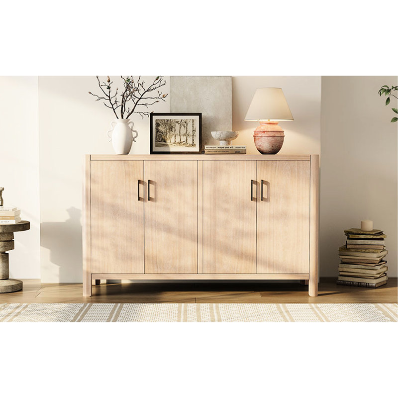 Armoire à 4 portes de style rustique avec surface en bois véritable, charnières à fermeture en douceur, coins arrondis, grand espace de rangement pour petits espaces d'aspect vieilli naturel, pieds en pin, fermeture en douceur et silencieuse, Space Daily