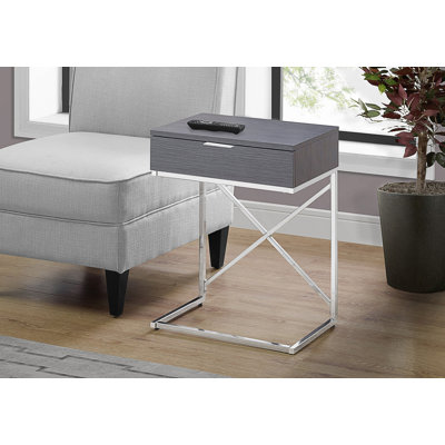 Table d'appoint contemporaine en grain de bois gris avec tiroir de rangement, parfaite pour la vie moderne et le décor de chambre à coucher.