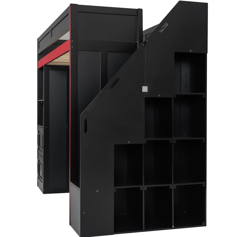 Lit mezzanine de jeu avec bureau et rangement, lumières DEL, Lit simple