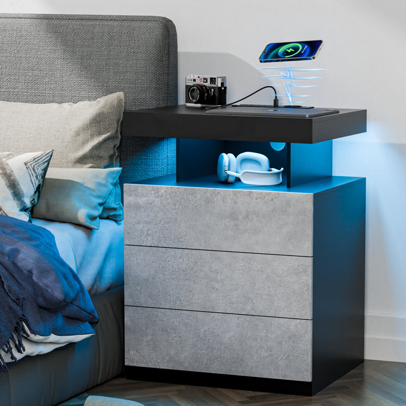Chappa Manufactured Wood Nightstand with Wireless Charging Station, LED Lights and 3 Drawers, Gray/Black