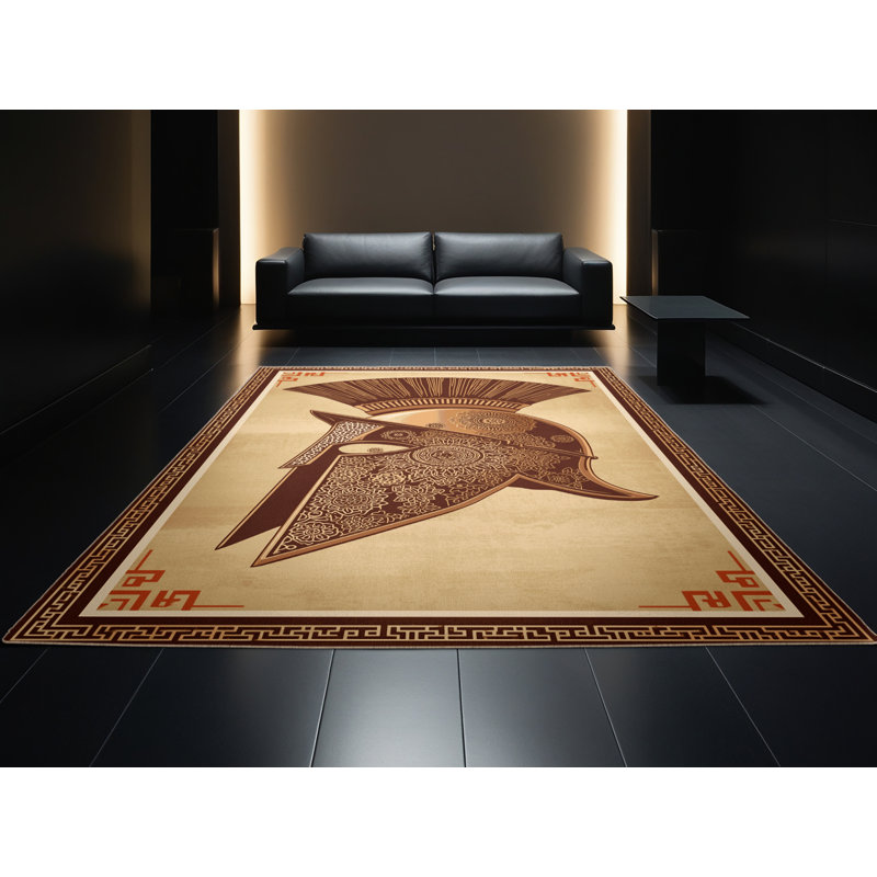 Soft Plush Dupras Spartan Helmet Classic Oriental Area Rug in Brown – Beige Binding, 8x12