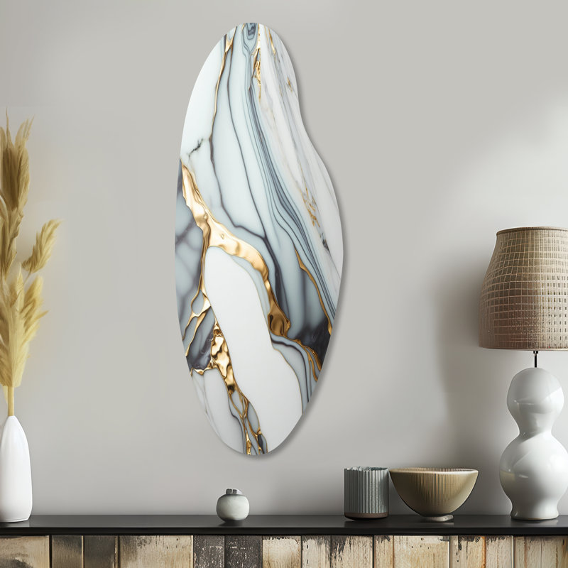 Abstrait géométrique en marbre doré et blanc V - marbre mural incurvé en métal, reproduction d'art asymétrique moderne