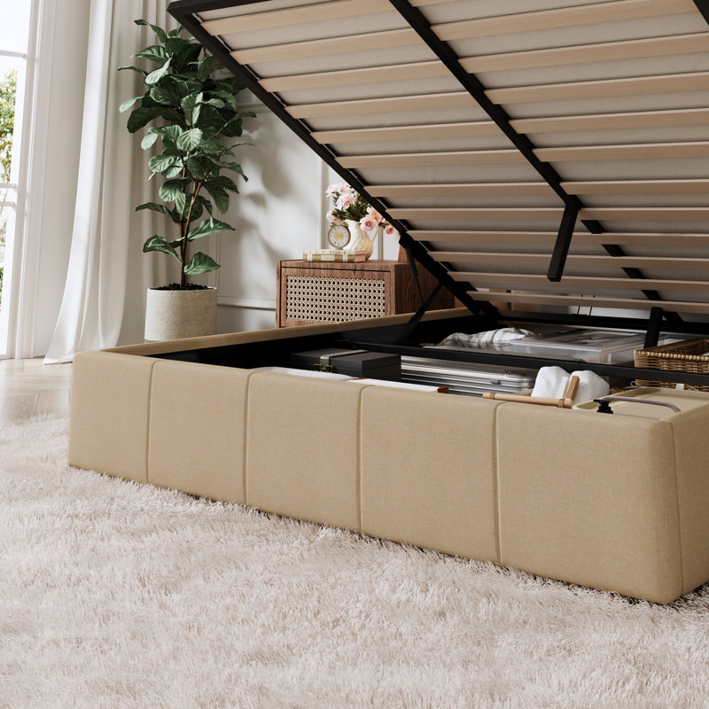 Lit plateforme tapissier hydraulique avec tête de lit réglable, Grand, Beige