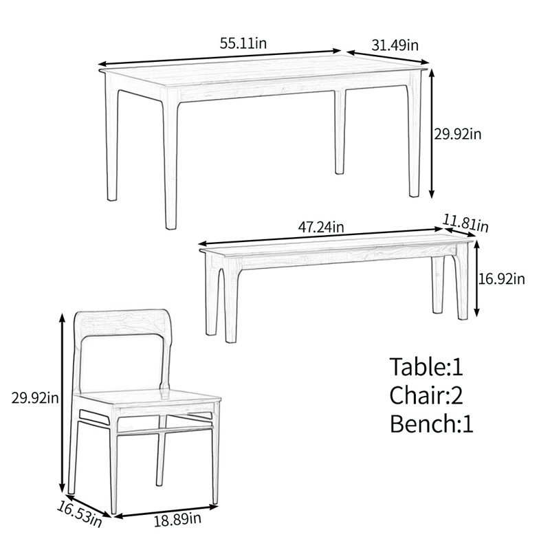 Classic simple solid wood table set, 29.92"H x 55.11"L x 31.49"W