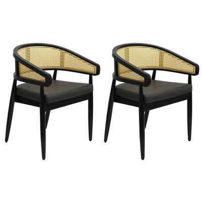 Set of 2 Curved Back Rattan Dining Chairs with Upholstered Seat- Dark Wood