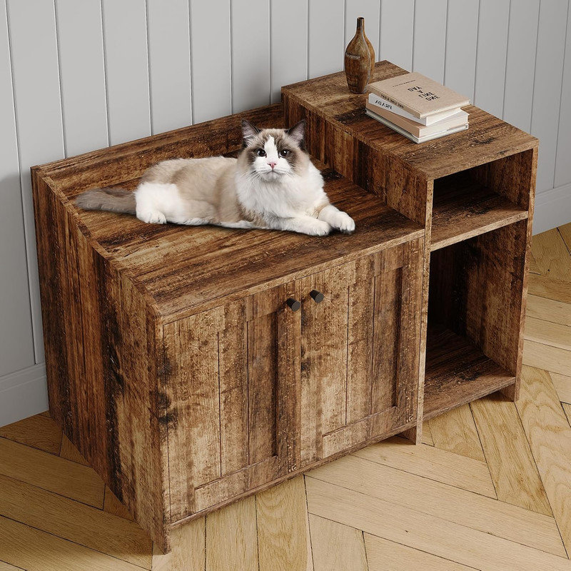 Cat Litter Box Enclosure with Barn Door & Storage Shelf, End Table Style Hidden Litter Cabinet, Retro, Brown