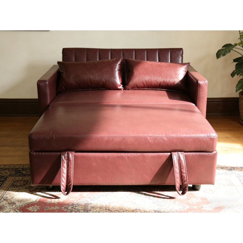 Petit canapé-lit coulissant en cuir de 55 po avec dossier ajustable et 2 coussins moelleux, Bourgogne