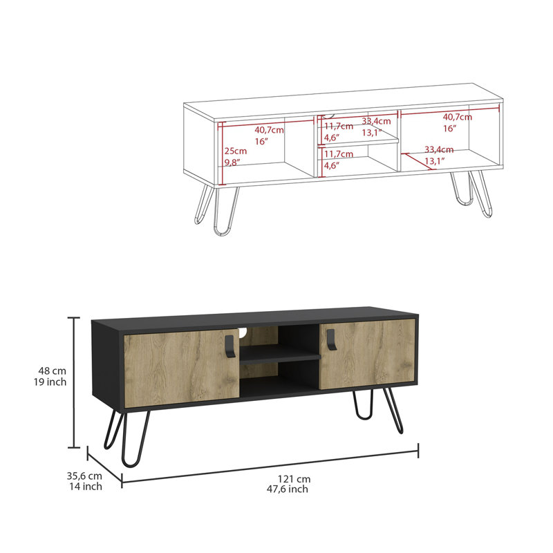 Meuble télé Huna Hairpin Legs, deux tons avec 2 portes et tablettes ouvertes