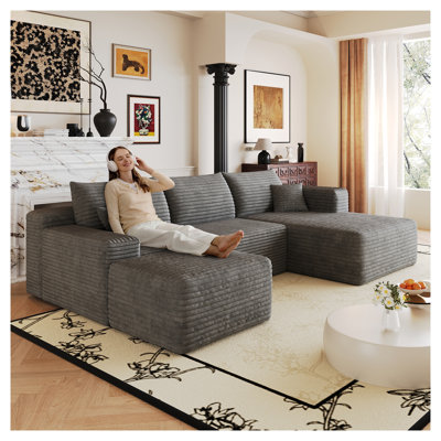 103" Cloud Sectional Sofa, Modern Minimalist L-Shaped Corduroy Couch with Deep Seats, Dark Grey