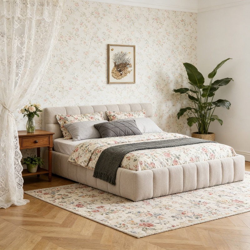 Structure robuste en chenille avec tête de lit, sans sommier tapissier, lit solide et robuste, Grand lit, Beige