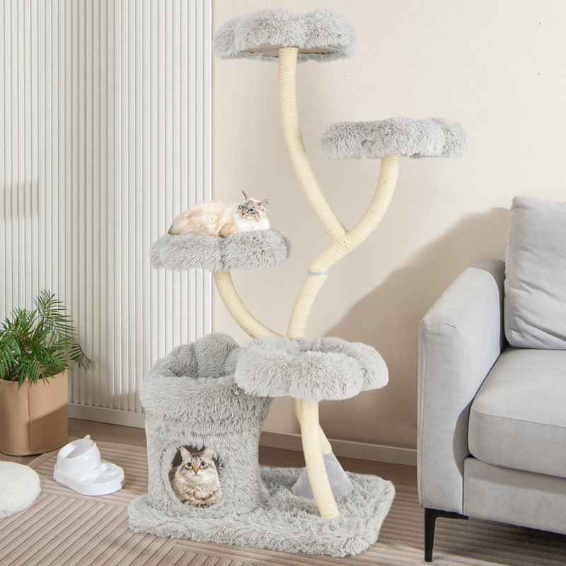 Arbre à chat autoportant avec quatre plateformes en forme de fleur gris, Gris