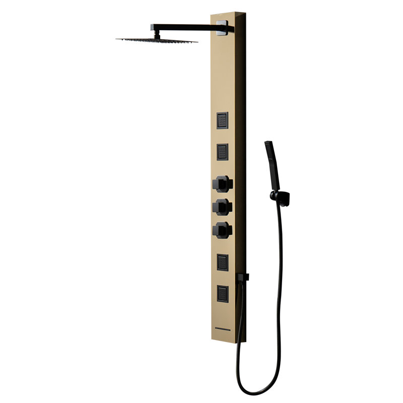 4-way Diverter Shower Tower Panel System with Fixed Shower Head, Black Gold