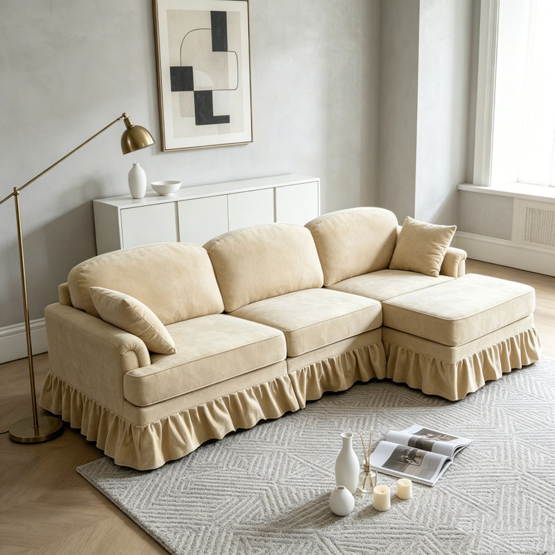 Canapé modulaire 103,15 po avec jupe plissée à volants amovible, canapé en chenille nuage, repose-pieds et accoudoirs évasés