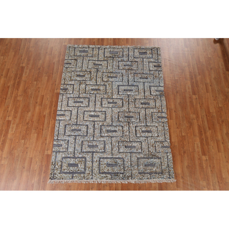 Tapis gris / brun / bleu en laine noué à la main de conception unique 5 pi 7 po x 7 pi 8 po