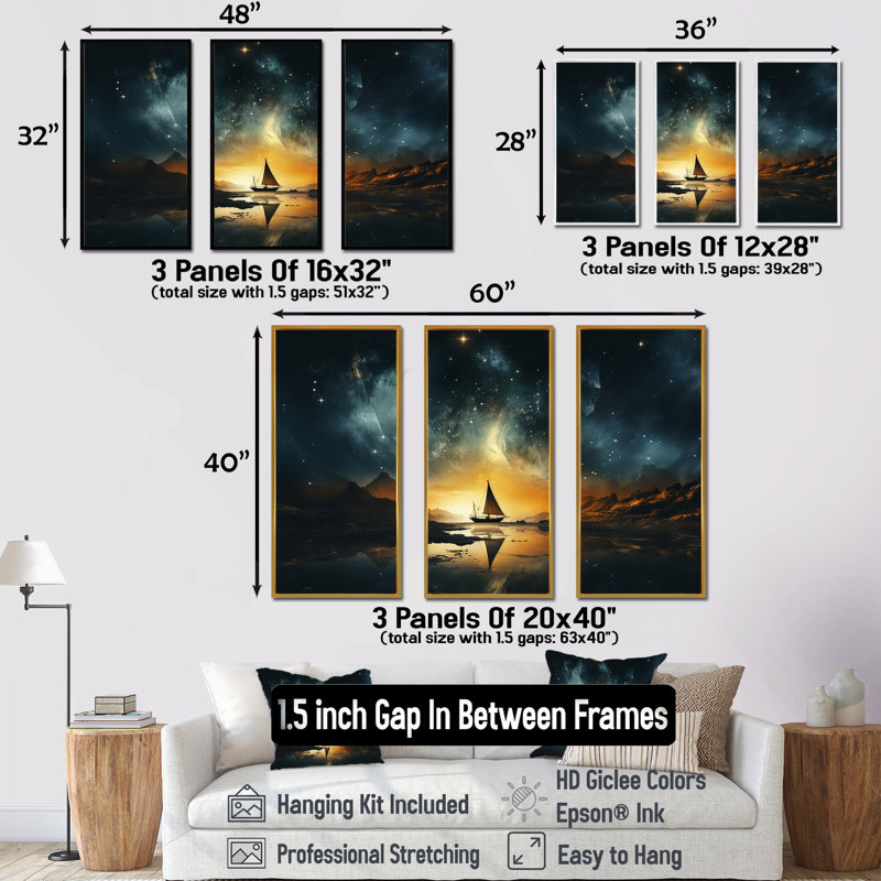 Silhouette de voilier au coucher de soleil au clair de lune - Art mural minimaliste côtier, H 40 po x l 60 po x P 1 po