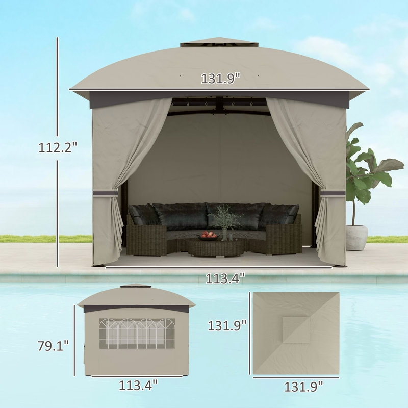 Double Roof Patio Gazebo,Elegant Design Gazebo,With Curtains,Church Windows,For Outdoor, Light Gray