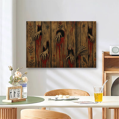 Skeleton Hands Reaching Through Holes Of Rustic Wooden Plank, Folk Gothic Oil Painting Canvas Wall Art Halloween Spooky Home Wall Art