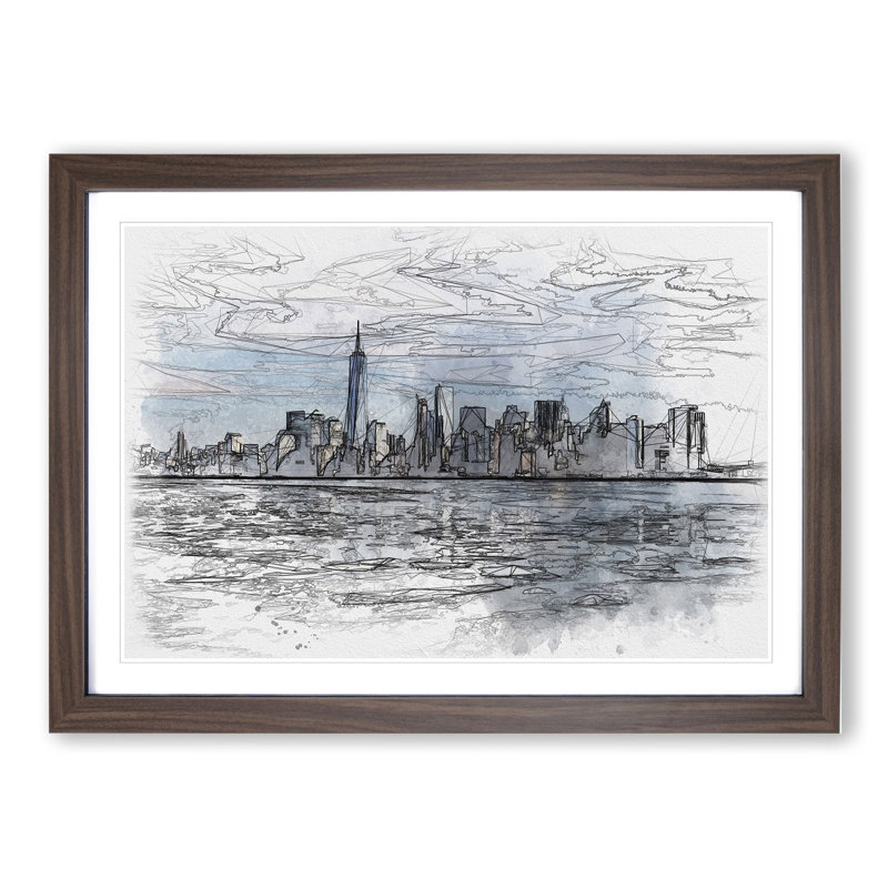 New York Skyline Vol.7 - Picture Frame Drawing, 27cm H x 36cm W x 2cm D, Walnut Framed