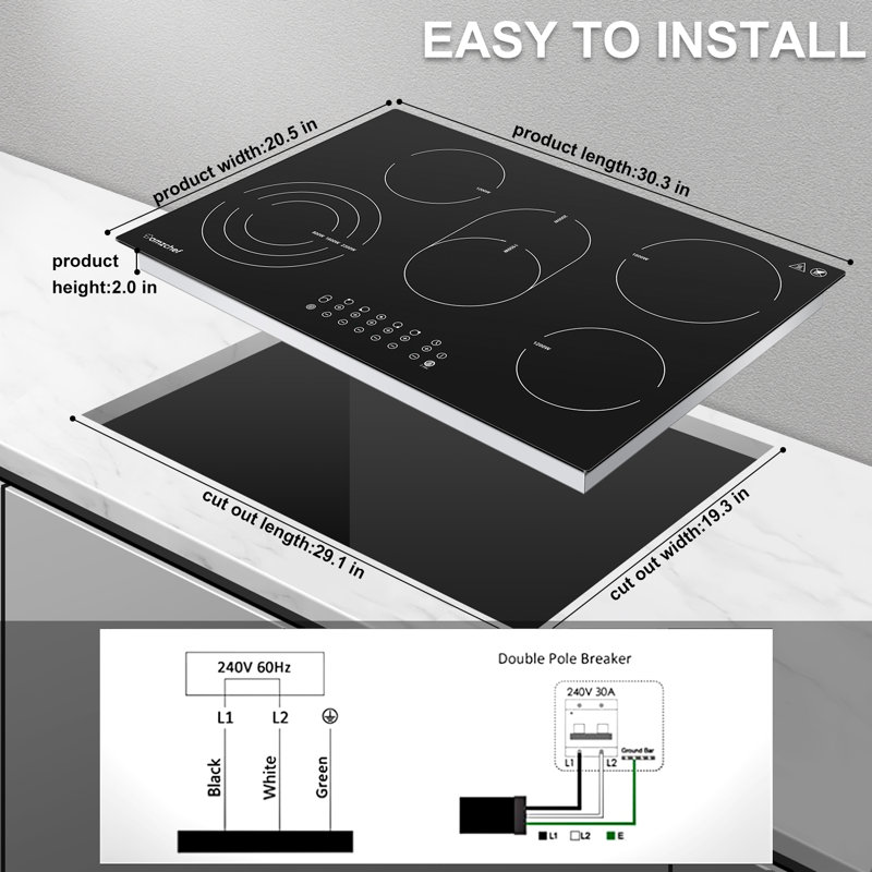 Plaque de cuisson électrique 30 pouces 5 brûleurs 8500W, surface de cuisson en céramique intégrée avec brûleurs extensibles, verrouillage de sécurité pour enfants, commande tactile, minuterie, 220-240V, fil dur
