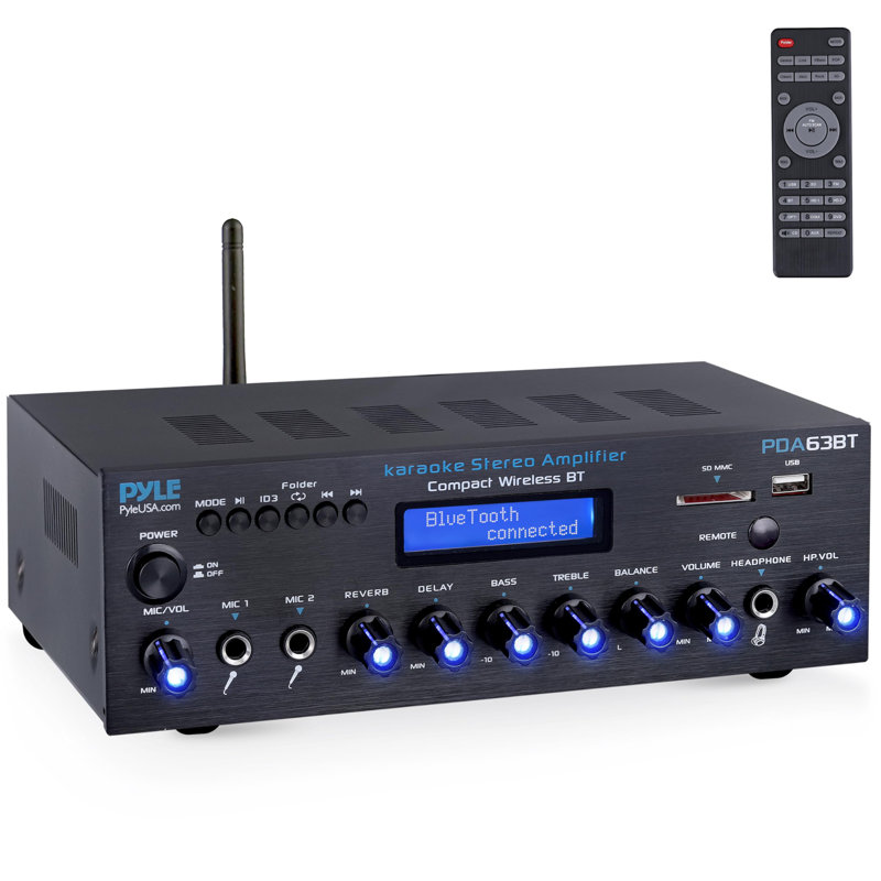 Amplificateur stéréo sans fil Pyle - multicanaux, puissance de 200 watts, système de réception audio avec radio FM, BT, USB SD, AUX, RCA, micro-In, BT et Antenne FM
