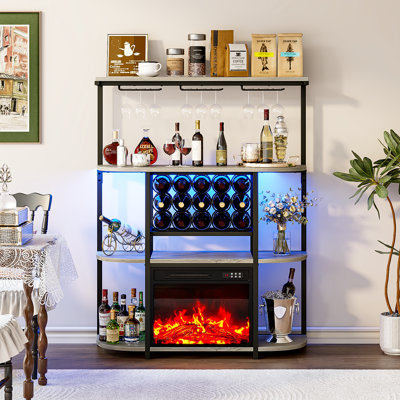 Armoire à boissons alcoolisées autoportante de 60 po de hauteur avec foyer de 18 po, armoire à vin à 4 niveaux avec porte-bouteilles et verres, tablette polyvalente pour la maison, la cuisine, la salle à manger, gris