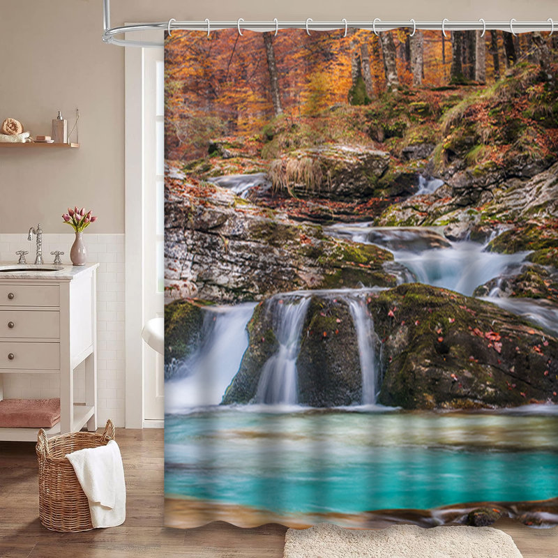 Colourful Autumn River Forest Shower Curtain with 12 Hooks, 72" L x 84" W
