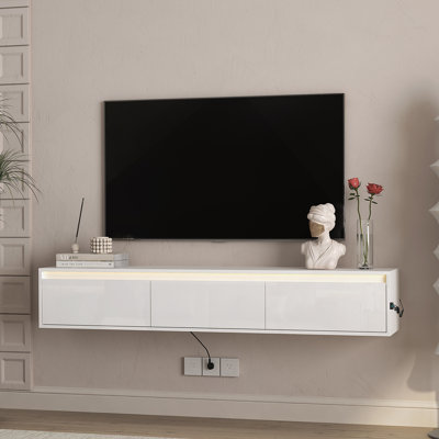 Floating TV Stand, Wall Mounted TV Stand With LED Lights And Power Outlet For Living Room