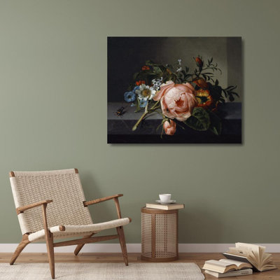 "Still Life with Rose Branch, Beetle and Bee" by  Rachel Ruysch - Gallery Wrap Canvas Wall Art