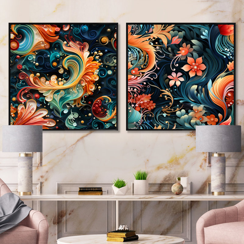 Gallego - Ensemble de 2 collages floraux et botaniques carrés, Cadre flottant noir, H 16 po x l 33 po