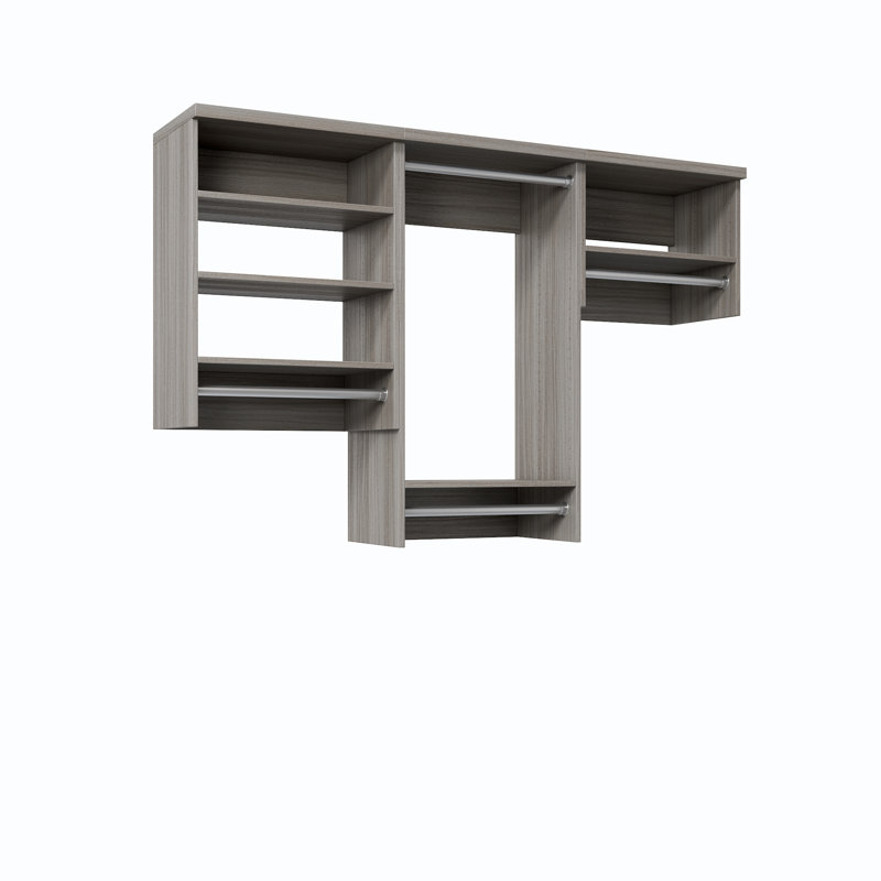 Grey Oak  58.5" Wall-Mounted Single Wall Closet System with 3 Sections, 4 Clothing Rods & 4 Shelves, 58.5, Grey Oak