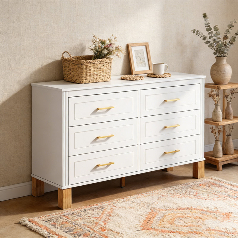 Modern Storage Cabinet with Metal Handles & Solid Wood Legs, White
