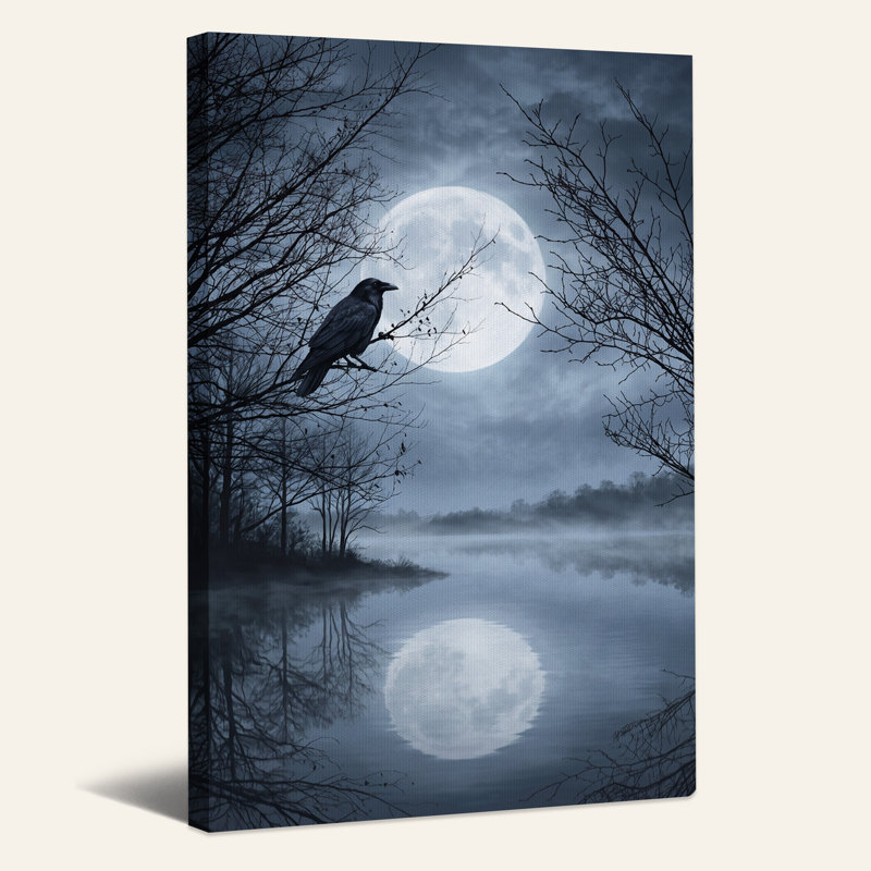 «Blue Moonlit Lake with Bare Trees and Crow», art mural sur toile, H 48 po x l 36 po