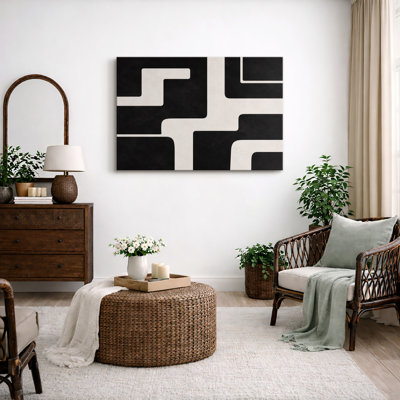 Abstract Black White Bold Geometric Path Pattern Artwork, Modern Living Room Pictures, Framed Canvas Giclee Print Wall Art