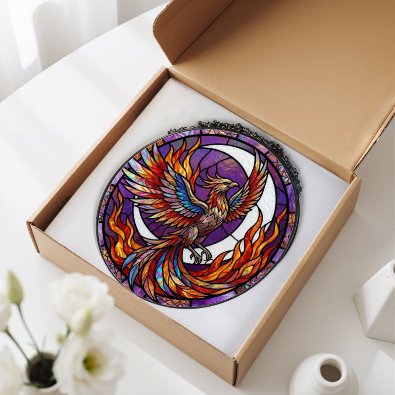 12"H Phoenix Flame Stained Glass Window Panel, 12" H x 12" W